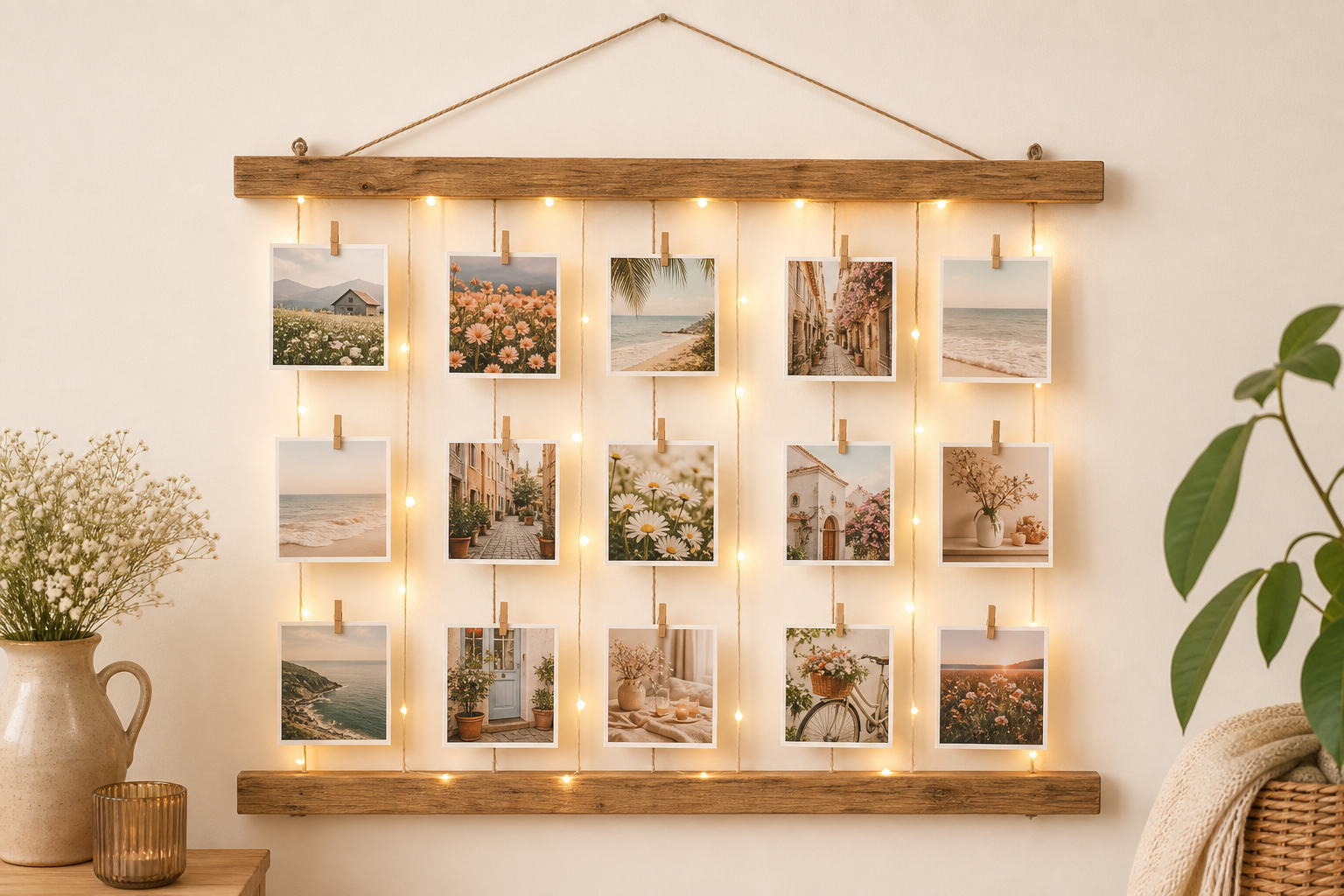LED Işıklı Mandallı Ahşap Fotoğraf Çerçevesi
